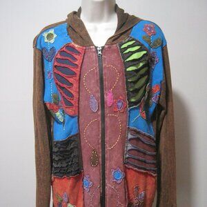 Rising International Women's Large Brown Colorful Hoodie Jacket Floral Patchwork